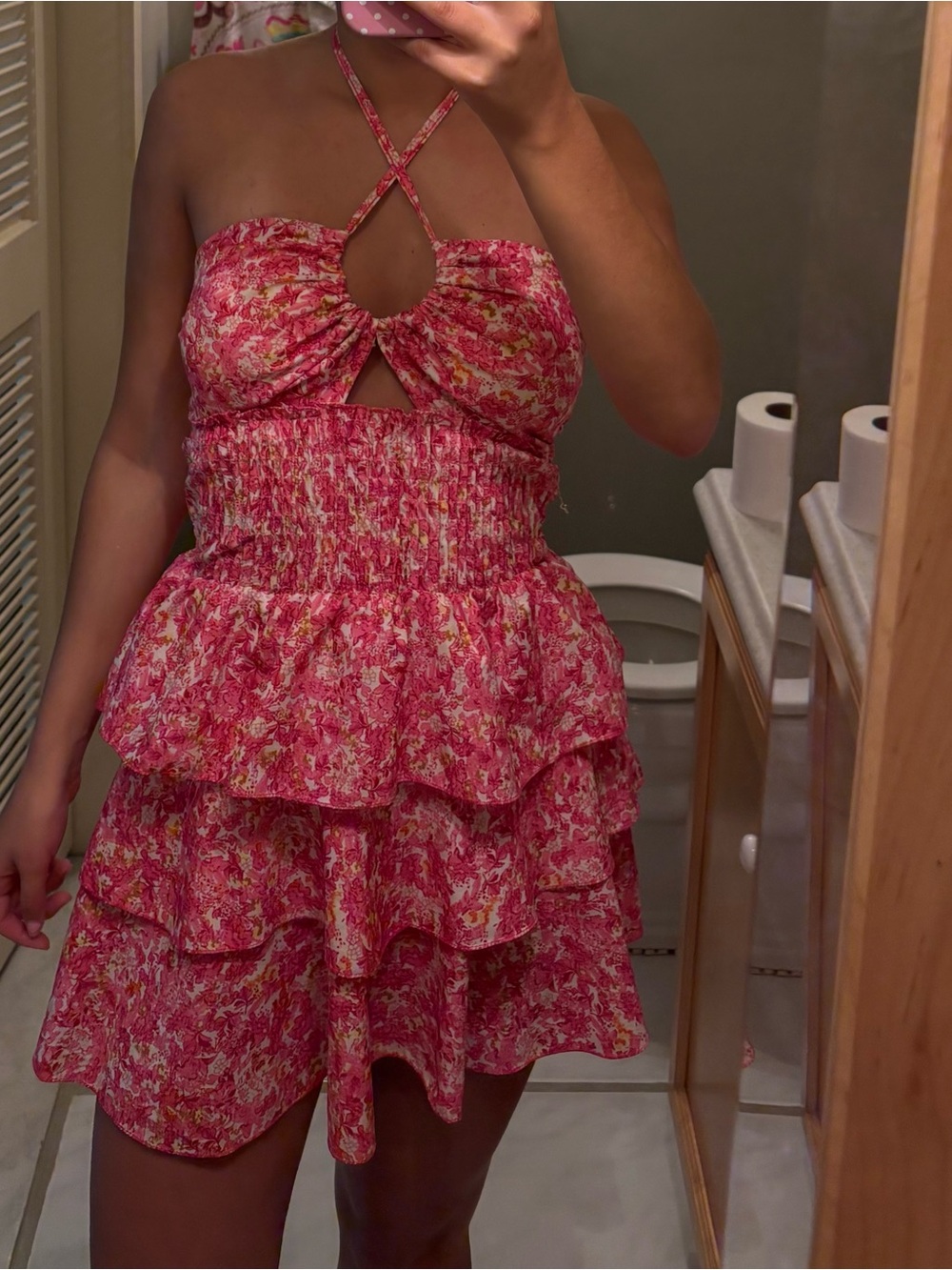 Strapless Pink Floral Tiered Mini Dress